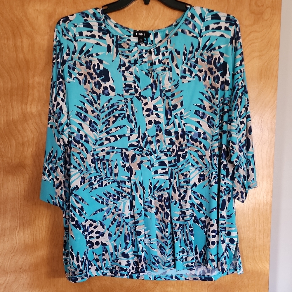 Link Women's Turquoise and Navy Patterned Blouse
